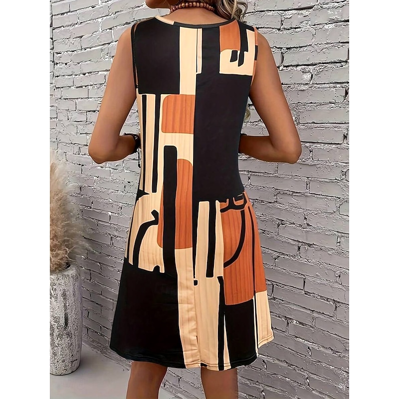 Women's Mini Dress Sundress A Line Dress Summer Dress Vacation Casual Regular Fit Graphic Geometric Color Block Sleeveless U Neck Light Brown Blue Summer Spring2