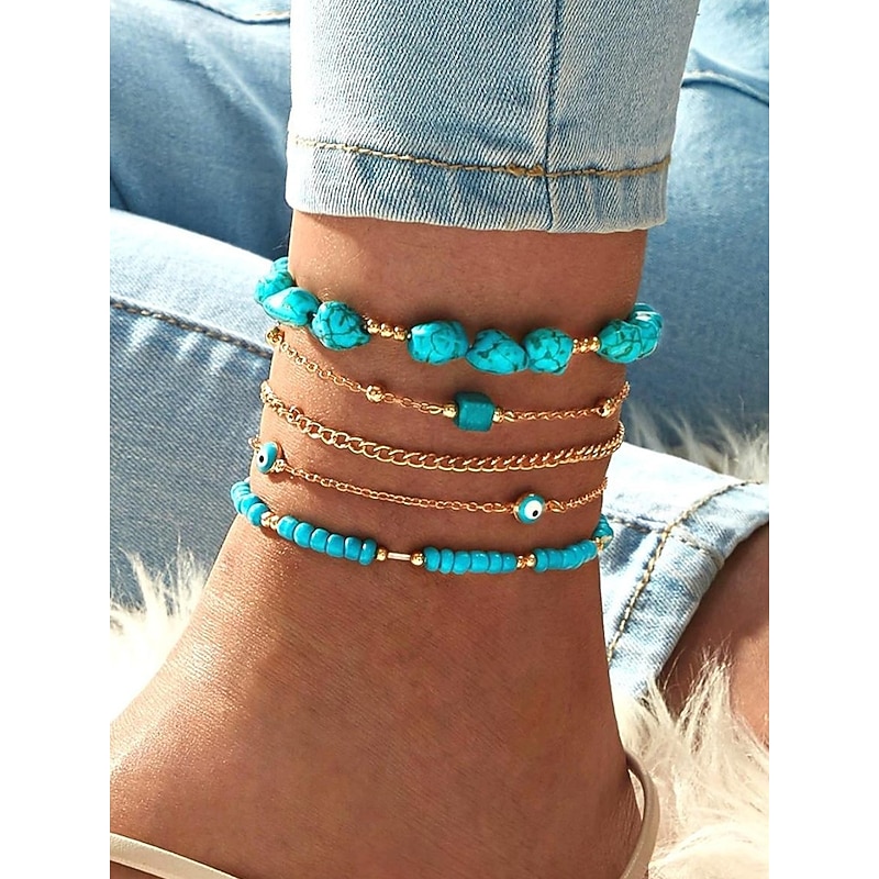 Turquoise and Gold Anklet Set for Women | Beach-Inspired Anklets with Evil Eye Charms and Stone Accents | Perfect for Summer, Bohemian and Vacation Style2