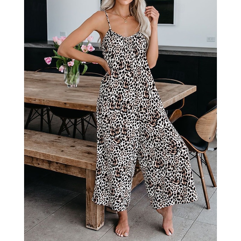 Women's Normal Jumpsuit Streetwear Leopard Sleeveless V Neck Pocket Print Street Daily Regular Fit Red Khaki Summer4