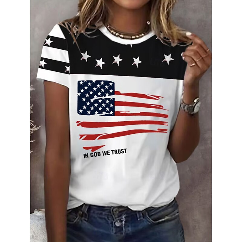 Women's Patriotic  T Shirt Graphic Flag Vintage Stylish Classic Short Sleeve Crew Neck Regular Tops Daily Weekend Print Black Red Blue Summer4