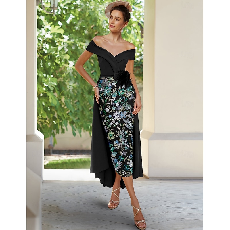 Column Embroidered Cocktail Dresses Vintage Formal Wedding Guest Ankle Length Short Sleeve Off Shoulder Convertible Stretch Crepe with Slit4