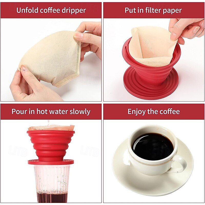 Collapsible Rubber Coffee Filter with 40Pcs Paper Filters - Collapsible Coffee Dripper Easy Red Manual Coffee Brew Maker with 40 Pieces Unbleached Paper Filters Paper Coffee Filter for Home Camping T4