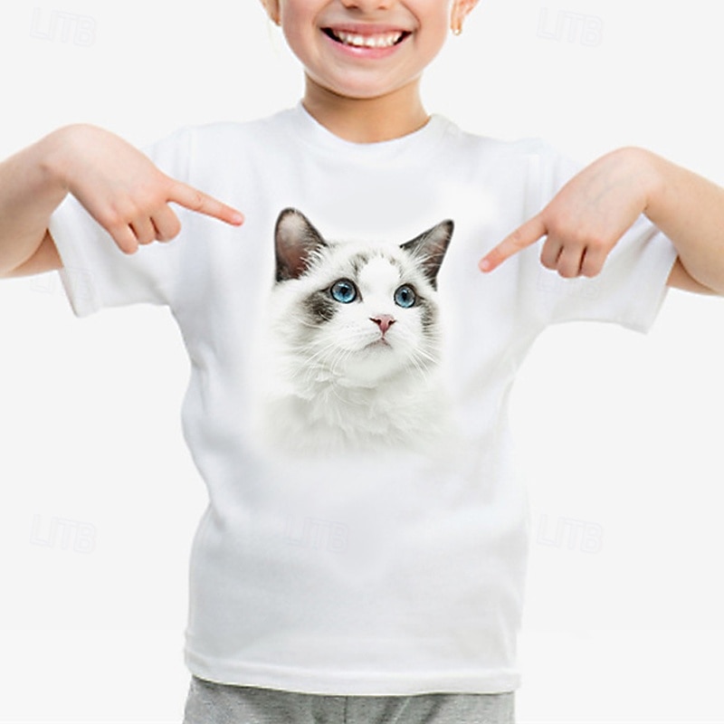 100% Cotton Kids Girls' 1 2 3 Animal Cat T shirt Tee Crew Neck Short Sleeve Outdoor Vacation Daily Classic Casual Print Summer