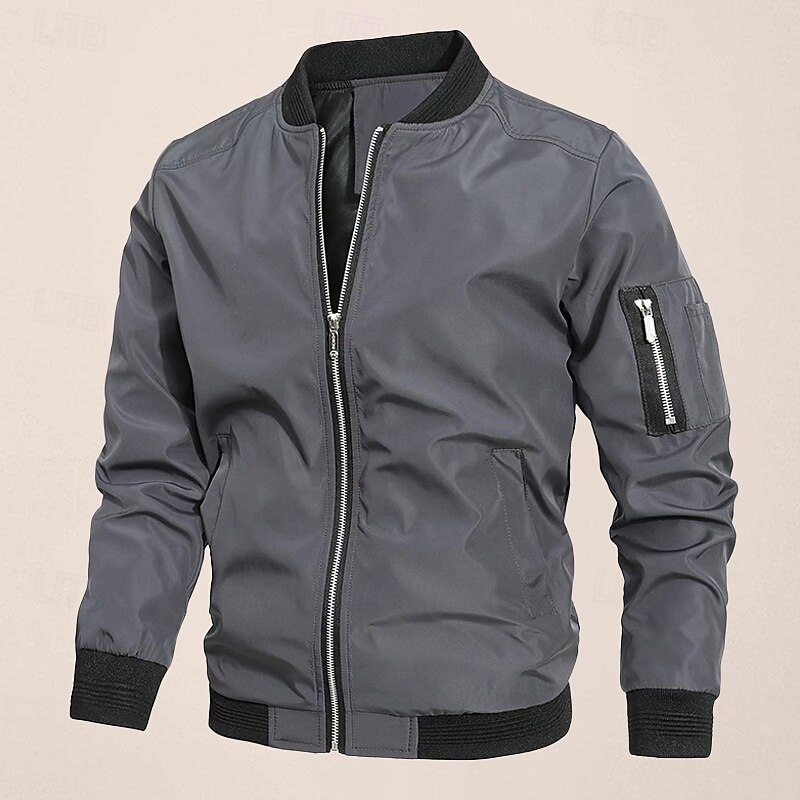Men's Bomber Jacket Transition Jacket Going out Pocket All Seasons Plain Classic Stand Collar Regular Black Navy Blue Gray Jacket3