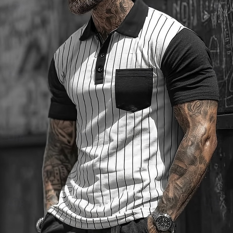 Men's Vertical Stripes Polo Short Sleeve Turndown Casual Daily Athleisure Casual Daily Buttons Pocket Summer Robin's Egg Blue White