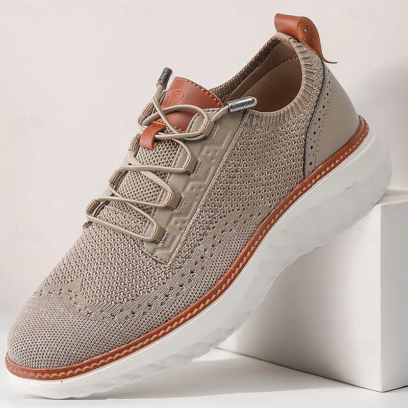 Men's Shoes Beige Knit Lace-Up Sneakers with Lightweight Construction and Comfortable Fit for Daily Use and Travel