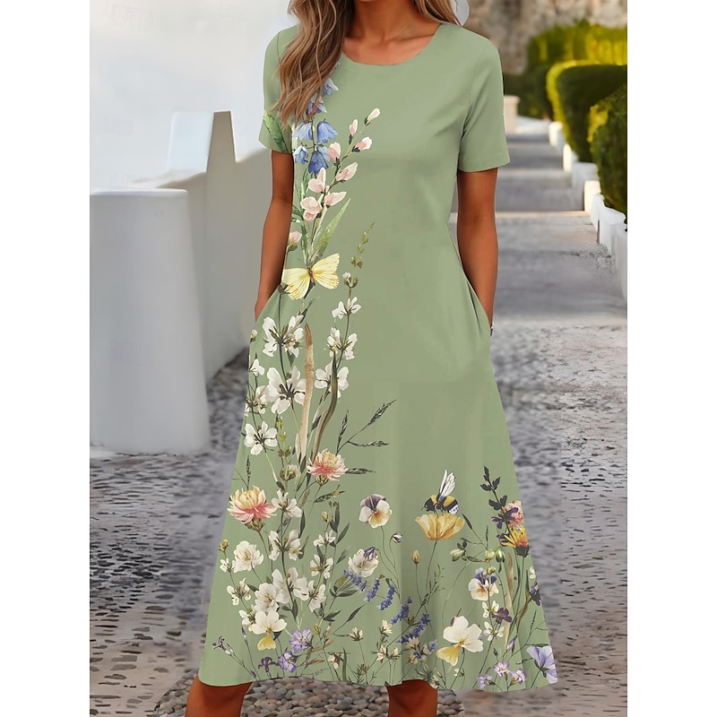 Women's Midi Dress T Shirt Dress Tee Dress Shift Dress Summer Dress Formal Vacation Daily Regular Fit Floral Short Sleeve Crew Neck White Light Green Pink Blue Summer Spring3