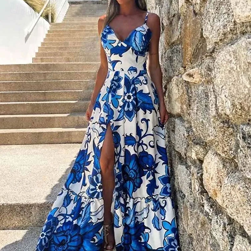 Women's Long Dress Maxi Dress Prom Dress Party Dress Elegant Fashion Party Special Occasion Evening Party Regular Fit Flower Sleeveless Spaghetti Strap Blue Summer