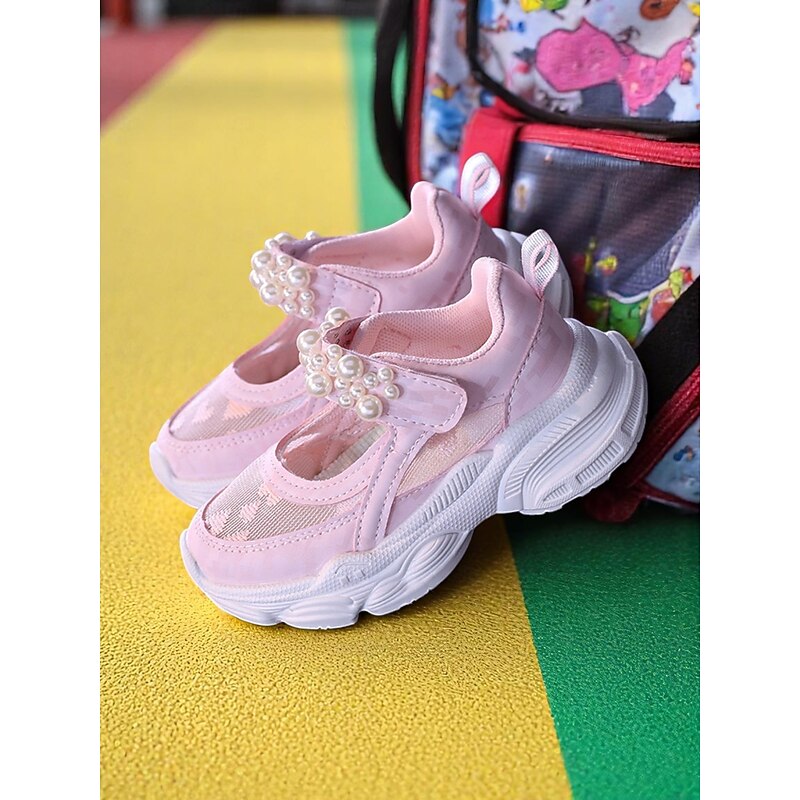 Girls' Pink Mesh Mary Jane Sneakers with Pearl Strap – Breathable Lightweight Back to School Sport Sandals for Playground and Daily Wear3