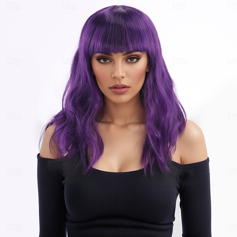 Synthetic Wig Bouncy Curl Water Wave Layered Haircut Neat Bang Machine Made Wig 16 inch A1 Synthetic Hair Women's Classic Thick Comfortable Purple4