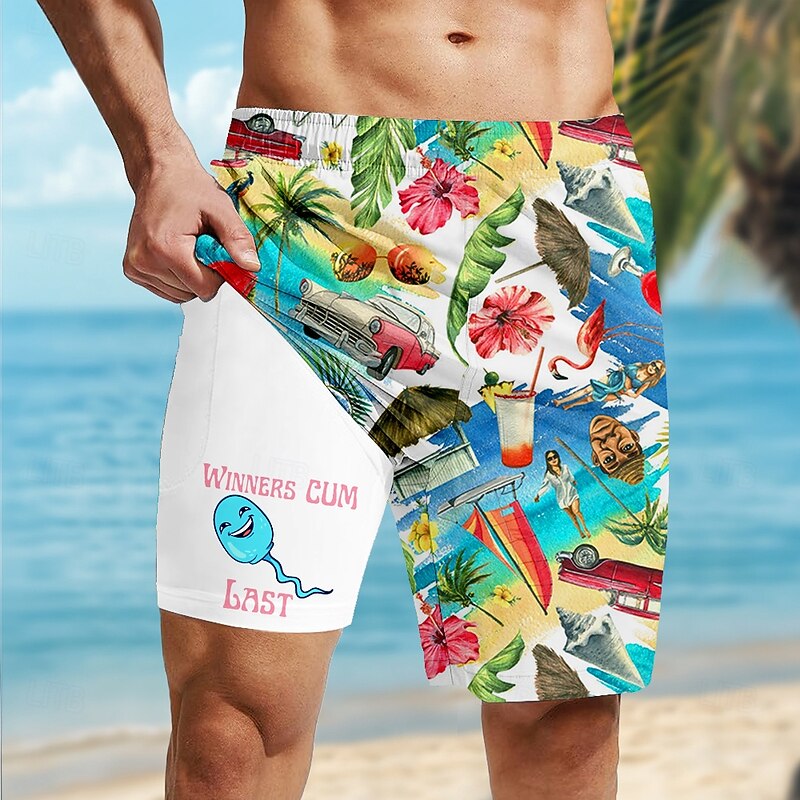 Men's Coconut Tree Tropical Plants Tadpole Lined Shorts 2 in 1 Board Shorts Swim Shorts Mid Waist Hawaiian Holiday Side Pockets With Compression Liner Elastic Drawstring Waist Designer Clothing