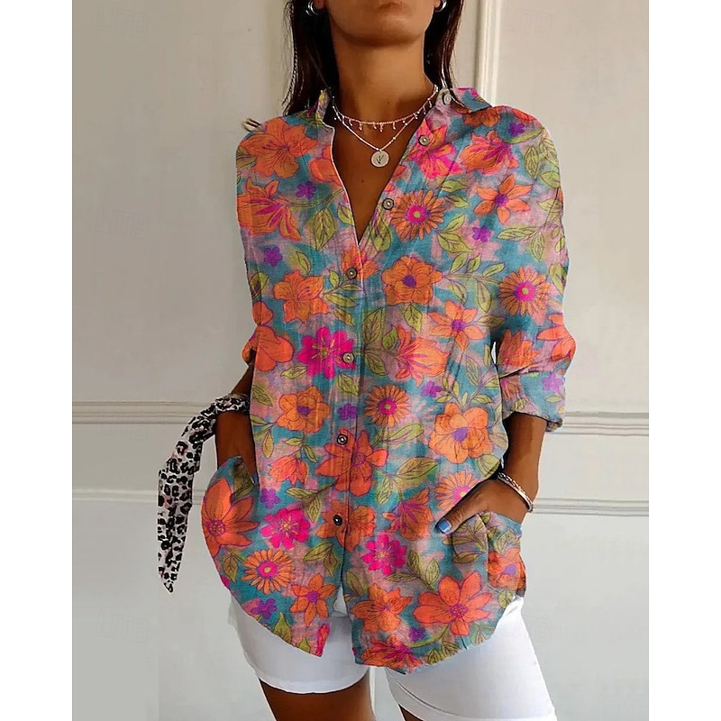 Women's Shirt Flower Daily Stylish Basic Half Sleeve V Neck Regular Tops Daily Holiday Print Pink Orange Dark Gray Spring Fall2
