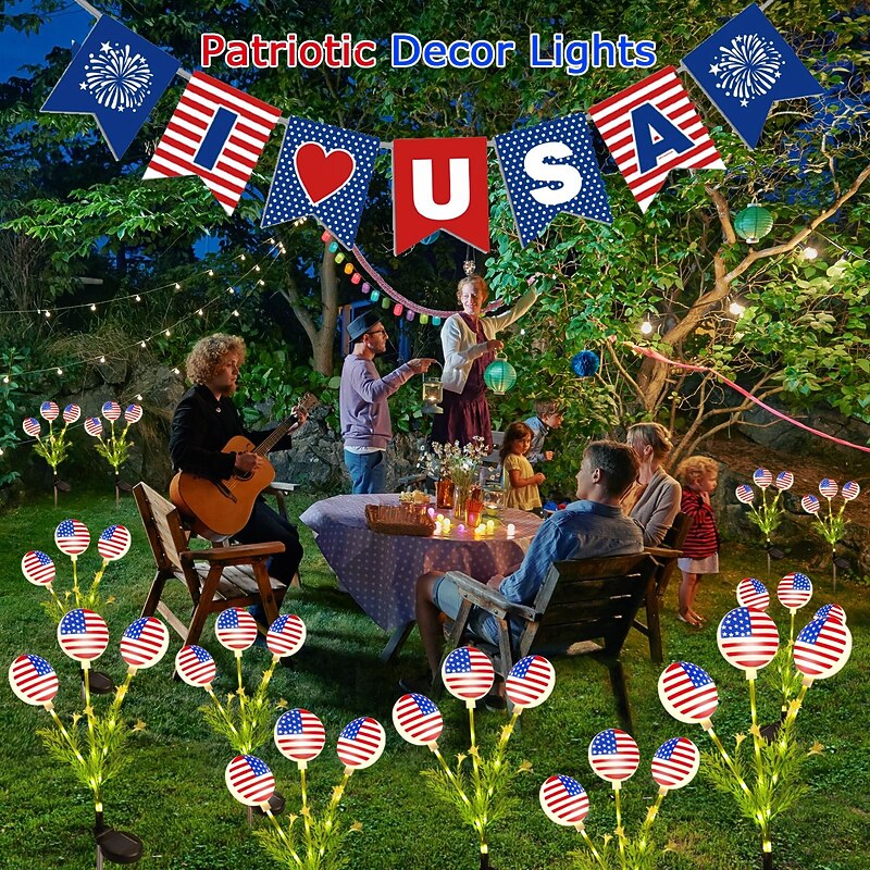 1 Pc Outdoor Waterproof Solar Powered US Flag Ground Insertion Light July 4th US Independence Day Memorial Day Garden Courtyard Lawn Path Tomb Decoration Light Garden Light 27 Bead Pole Shines