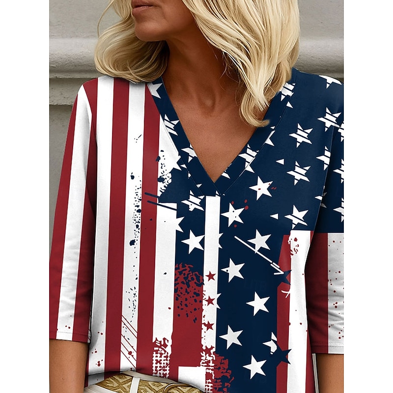 Women's Patriotic  Blouse Graphic Flag Elegant Stylish Casual 3/4 Length Sleeve V Neck Regular Tops Daily Holiday Going out Print Navy Blue Summer Spring3