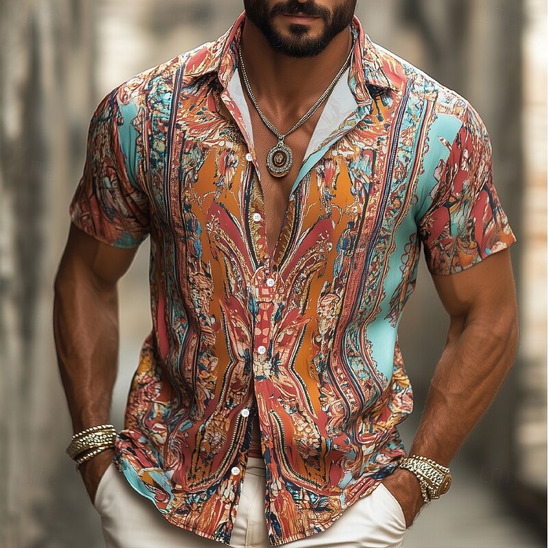Men's Floral Print Indian Boho Shirt Summer Hawaiian Shirt Button Up Shirt Short Sleeve Hawaiian Vacation Holiday Beach Wear Summer Spring Turndown 3D Print Collared Shirts Blue Orange2