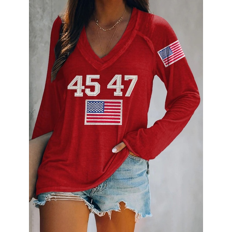 Women's Patriotic Shirt Flag Stylish Casual Long Sleeve V Neck Regular Tops Daily Print White Red Blue Green  Spring Prefall