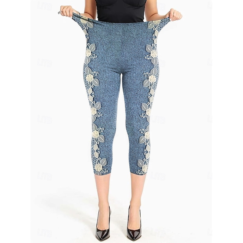 Women's Leggings Capri Pants High Elasticity Vacation Vintage Fashion Calf-Length Mid Waist Floral Graphic Printing Breathable Soft  Vacation Casual Daily Robin's Egg Blue Black Deep Blue Light Blue2