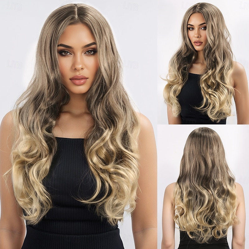 Synthetic Wig Wavy Layered Haircut With Bangs Machine Made Wig 28 inch A1 Synthetic Hair Women's Classic Comfortable Color Gradient Blonde