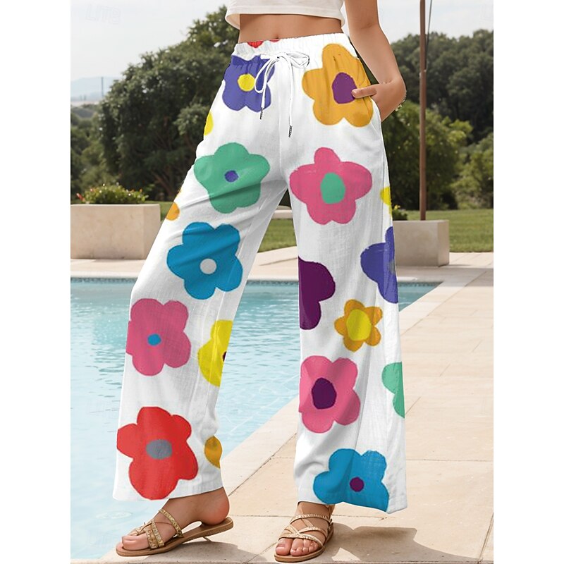 Women's Wide Leg Chinos Baggy Pants Vacation Vintage Fashion Full Length High Waist Floral Graphic Printing Soft Breathable Micro-elastic Formal Outdoor Vacation Rainbow Summer Spring Loose Fit4