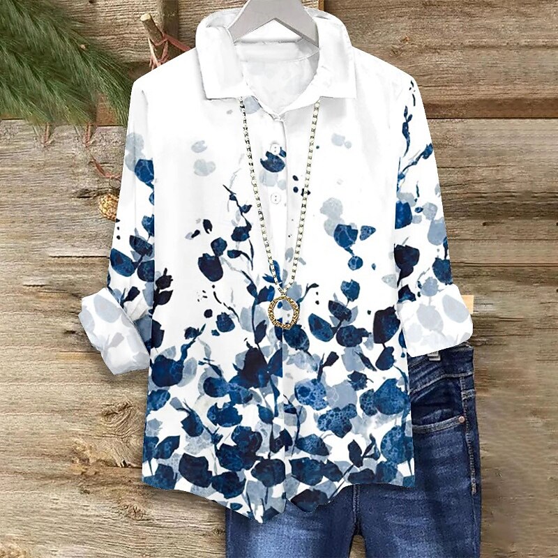 Women's Shirt Blouse Flower Modern Long Sleeve Shirt Collar Regular Tops Daily Holiday Going out Print Blue Green Summer2
