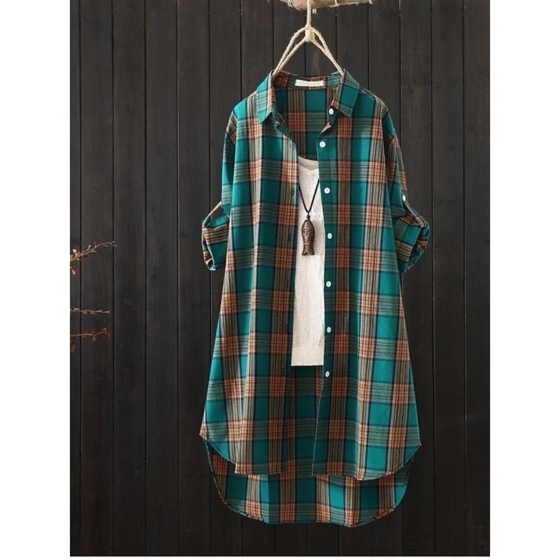 Women's Cotton Linen Shirt Plaid Basic Casual Long Sleeve Shirt Collar Regular Tops Daily Buttons Pocket Print Yellow Red Green Summer4