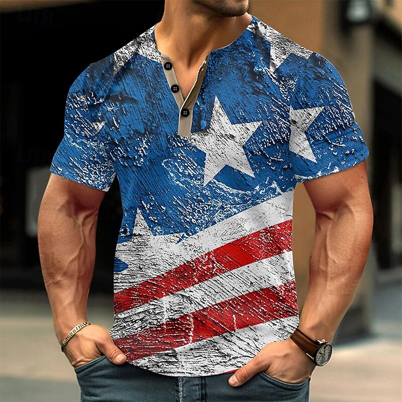Men's American Flag T Shirt Henley Shirt Short Sleeve Designer Retro Vintage Casual Street Casual Daily Summer Spring Navy Blue Henley Henley T-Shirt