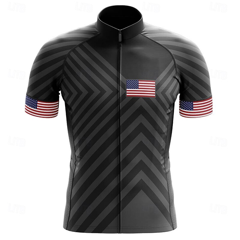 Men's Cycling Jersey Graphic Geometric Independence Day Short Sleeve Bike Tee Tshirt Jersey Top with 3 Rear Pockets UV Resistant Quick Dry Front Zipper Reflective Strips Sports Black Clothing Apparel3