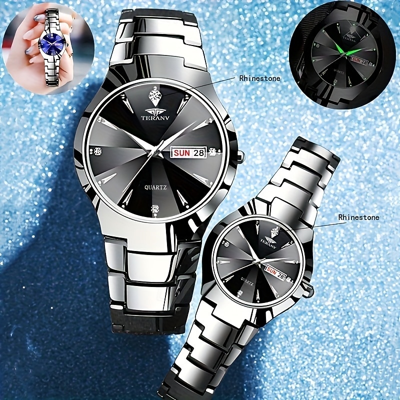 Two Round Dial Luminous Couple Watch Ipx7 Waterproof Quartz Watch Calendar Date Fashion Stainless Steel Business Watch For Women Men Dating Valentine'S Day Gift Watch
