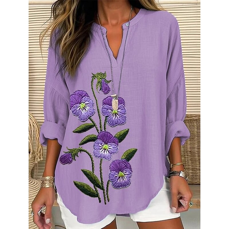 Women's Blouse Tunic V Neck Long Sleeve Boho Casual Tops Floral Graphic Elegant Stylish Romantic Regular Tops Daily Print White Purple Violet2