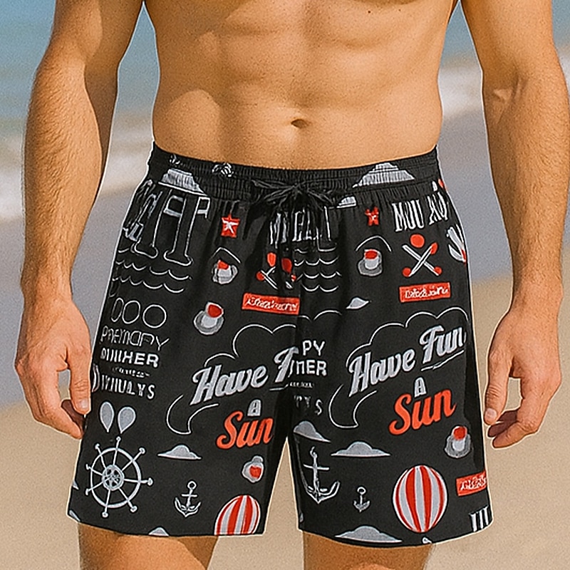 Men's Shorts Beach Shorts Drawstring Graphic Letter Abstract Quick Dry Outdoor Knee Length Outdoor Vacation Home Vacation Ethnic Style Lake blue White & Blue Stretchy