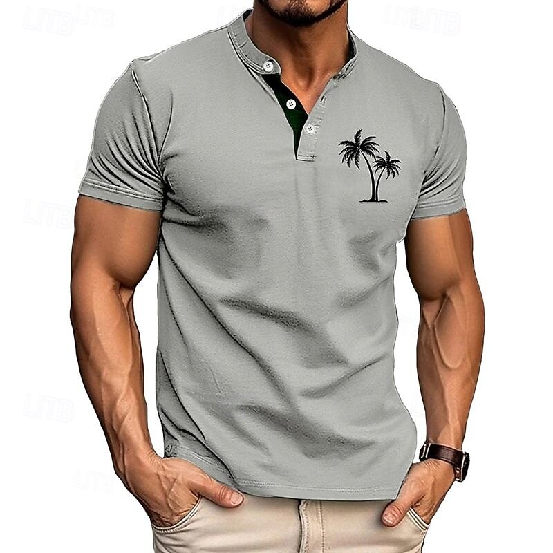 Men's T Shirt Henley Shirt Tee Short Sleeve Shirt Short Sleeve Henley Summer Leaf Fashion Designer Fashion Vacation Street Going out Black White Blue Top Tee for Men2