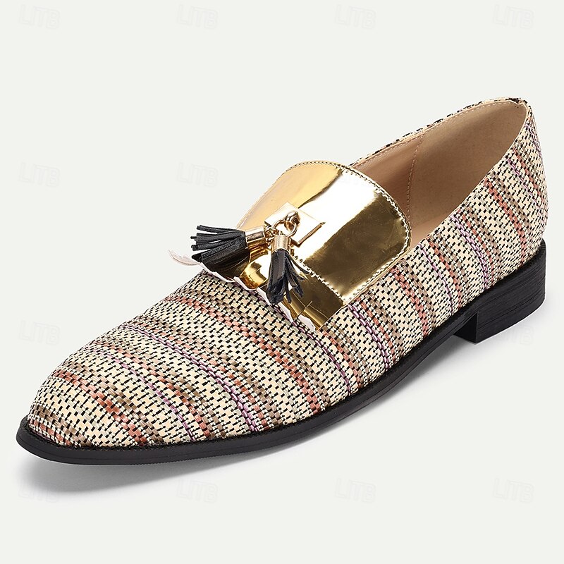Men's Gold Buckle Slip-On Loafers with Breathable Woven Nylon Upper and Black Tassels Statement Shoes for Adults Perfect for Retro Events Cocktail Parties Stage Performances2