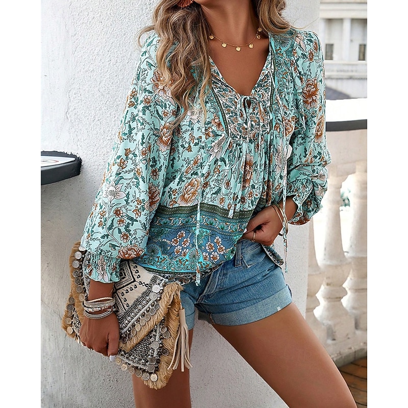 Women's Shirt Boho Shirt Summer Tops Flower Daily Stylish Casual Long Sleeve V Neck Regular Tops Work Daily Holiday Print Pink Navy Blue Blue Spring Fall4