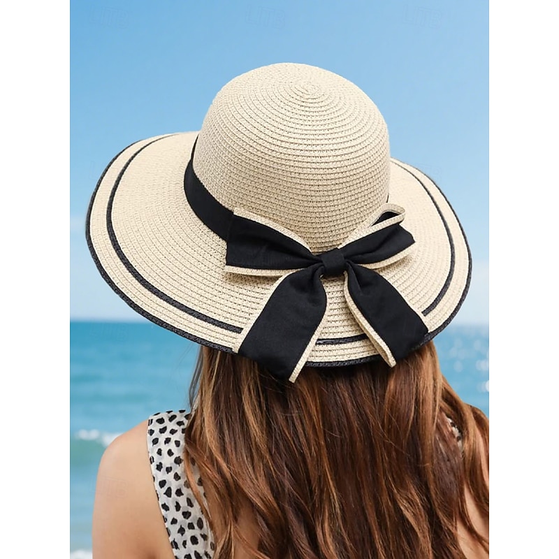 Women's Bow Straw Hat - Foldable for easy carrying, Stylish sun hat with black ribbon details, Perfect for the beach, Vacation and summer outdoor activities