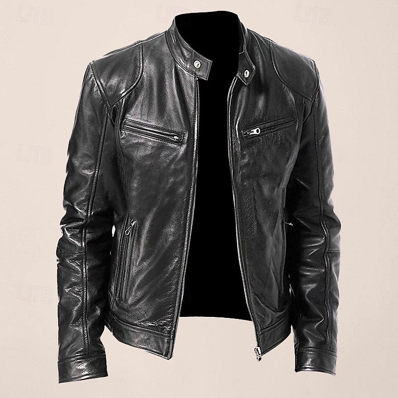 Men's Faux Leather Jacket Transition Jacket Street Windproof Pocket Spring &  Fall Streetwear Stand Collar Regular Faux Leather Regular Fit Black Jacket