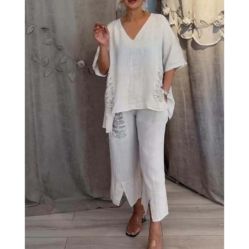 Women's Active Fashion Cotton Linen Shirts Blouse Pants Sets Long Sleeve V Neck Solid Color Sequins Vacation Casual Daily Black White Red Summer Regular Fit