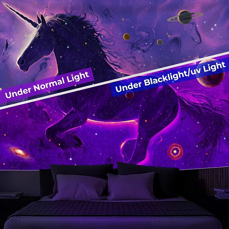 "Unicorn Nebula" Vincent Hie Blacklight Tapestry Glow in the Dark Glow Party UV Reactive Trippy Misty Hanging Tapestry Wall Art Mural for Living Room Bedroom3