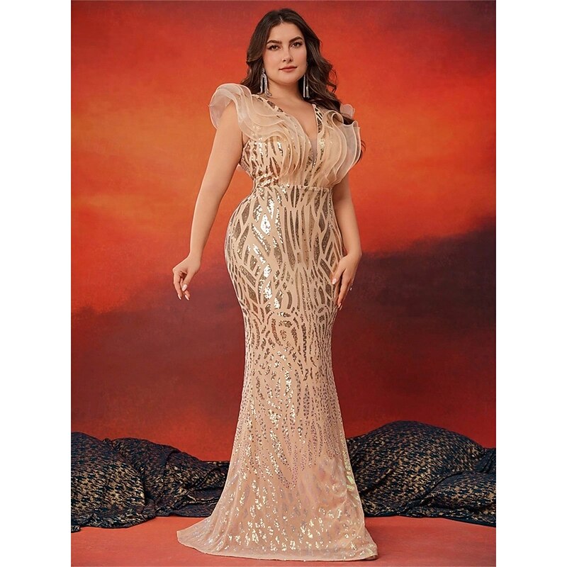 Mermaid / Trumpet Plus Size Dresses Elegant Curve Dress Formal Wedding Floor Length Sleeveless V Neck Sequined with Sequin3