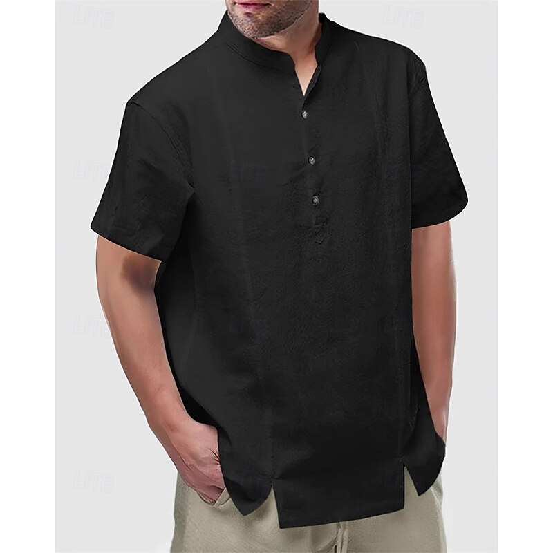 Men's Shirt Popover Shirt Summer Shirt Casual Shirt Beach Shirt Black White Yellow Short Sleeve Plain Band Collar Vacation Hawaiian Buttons Clothing Apparel Polyester Fashion Casual Comfortable3