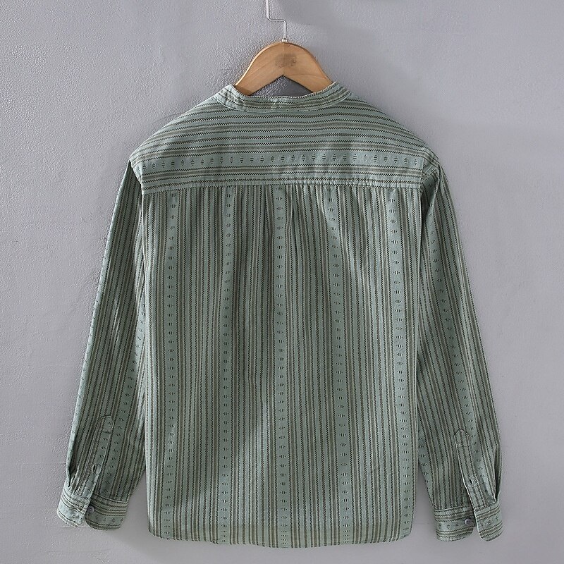 Men's Shirt Summer Shirt Casual Shirt Beach Shirt Button Up Shirt Green khaki Long Sleeve Stripes Grandad Collar Vacation Hawaiian Pocket Clothing Apparel Polyester Fashion Casual Comfortable2