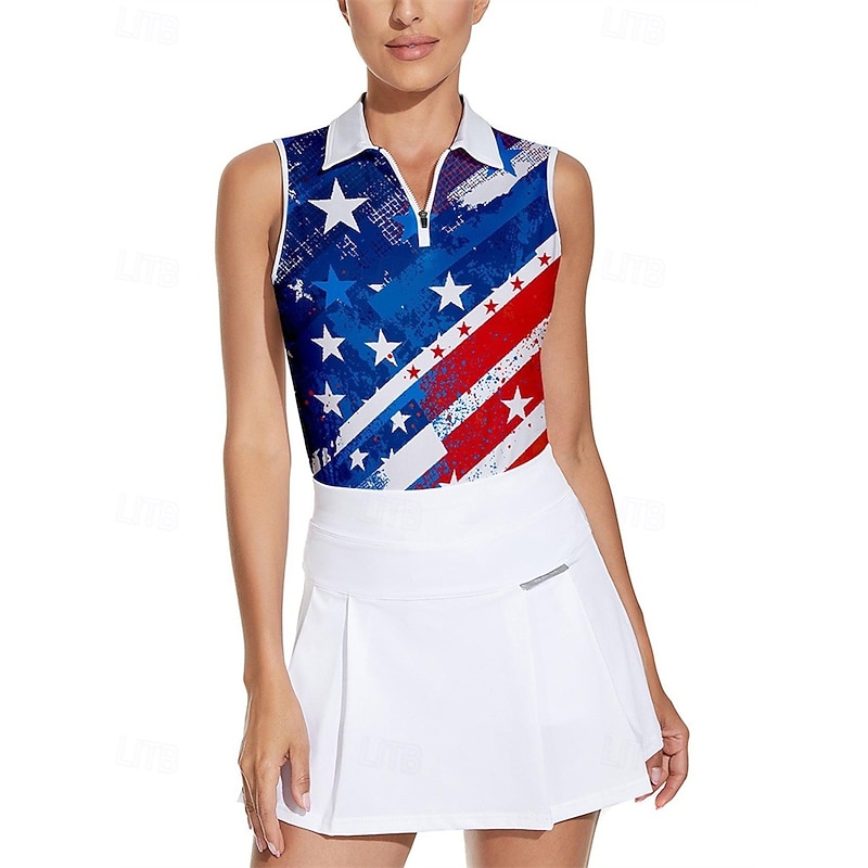 Women's National Flag Tennis Shirt Sleeveless Print UPF50+ Quick Dry Tennis Golf Badminton Zip Collar Tee Tshirt Top Blue Tennis Clothing4