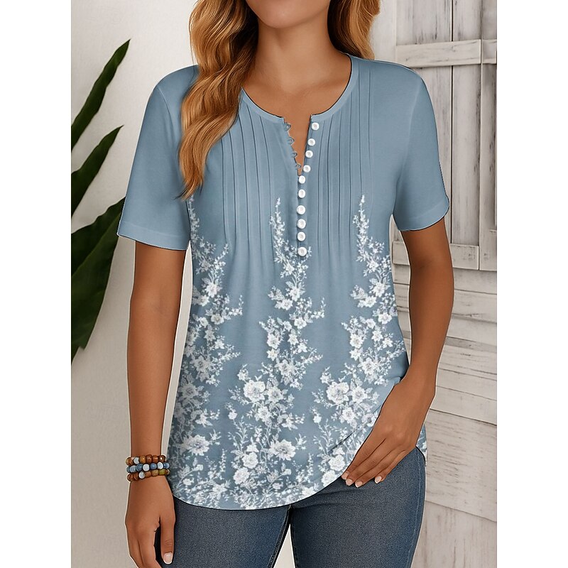 Women's T Shirt Floral Graphic Vintage Stylish Classic Short Sleeve Round Neck Regular Tops Daily Weekend Beach Wear Smocked Buttons Print Blue off-white Summer Spring4