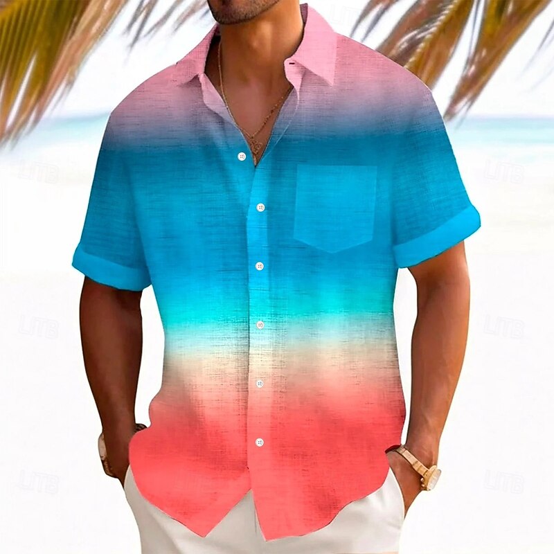 Men's Geometric Gradient Multi Color Shirt Summer Shirt Button Up Shirt Short Sleeve Fashion Casual Outdoor Vacation Dailywear Summer Spring Turndown 3D Print Collared Shirts Front One Pocket Rainbow - Main Image