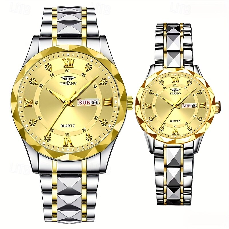 Two Round Roman Dials Set With Water Diamonds Luminous Display Couple Watch Ipx7 Waterproof Quartz Watch Calendar Date Fashionable Stainless Steel Strap Business Watch Suitable For Ladies And Men Dat4