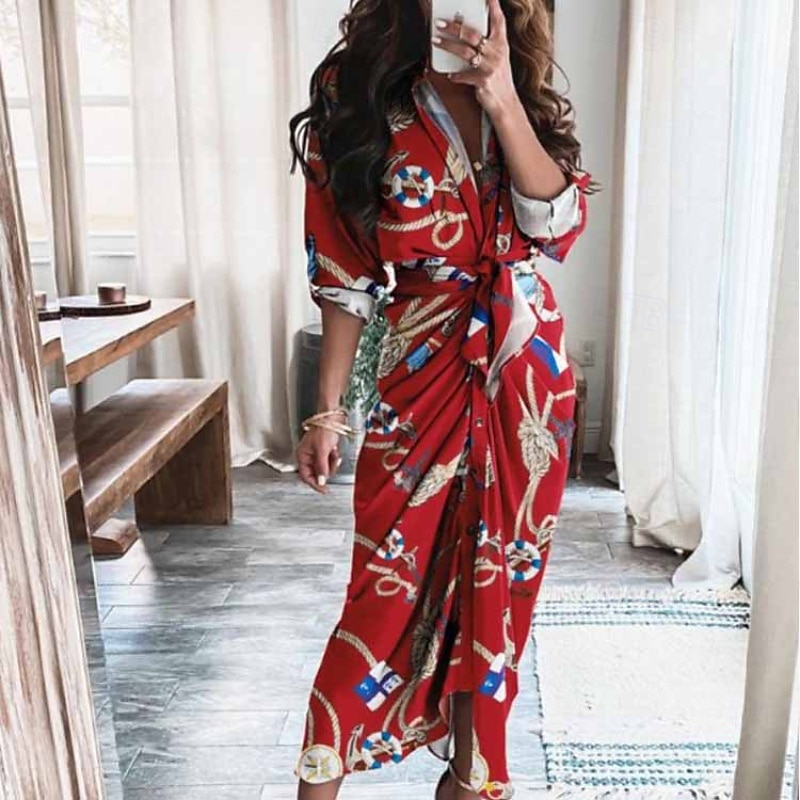 Women's Midi Dress Casual Dress Floral Dress Classic Modern Outdoor Vacation Daily Regular Fit Flower Long Sleeve V Neck Red Blue Khaki Summer2