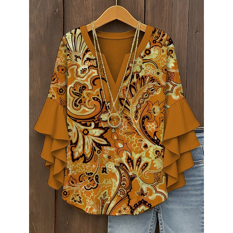 Women's Blouse V Neck Graphic Paisley Elegant Bohemia Ethnic 3/4 Length Sleeve Regular Tops Daily Holiday Vacation Wear Ruffle Print Yellow Red Blue Purple Green Summer Spring Fall4