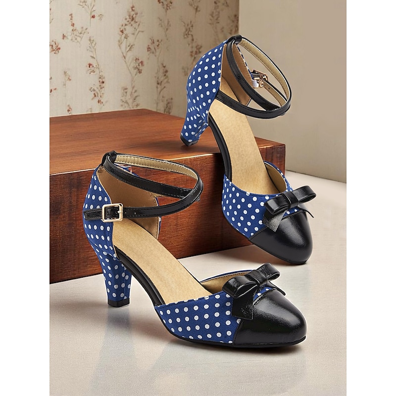 Women's Navy Blue Polka Dot 1950s Vintage Ankle Strap Heels with Black Bow  Retro Mid Heel Pumps for Pin-Up Style, Tea Parties, and Special Events4