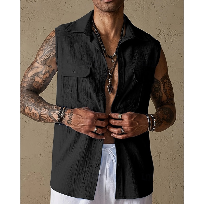 Men's Tank Top Vest Top Undershirt Sleeveless Shirt Sleeveless Lapel Summer Plain Fashion Designer Basic Buttons Pocket Vacation Street Casual Daily Black Green Beige Top Tee for Men2