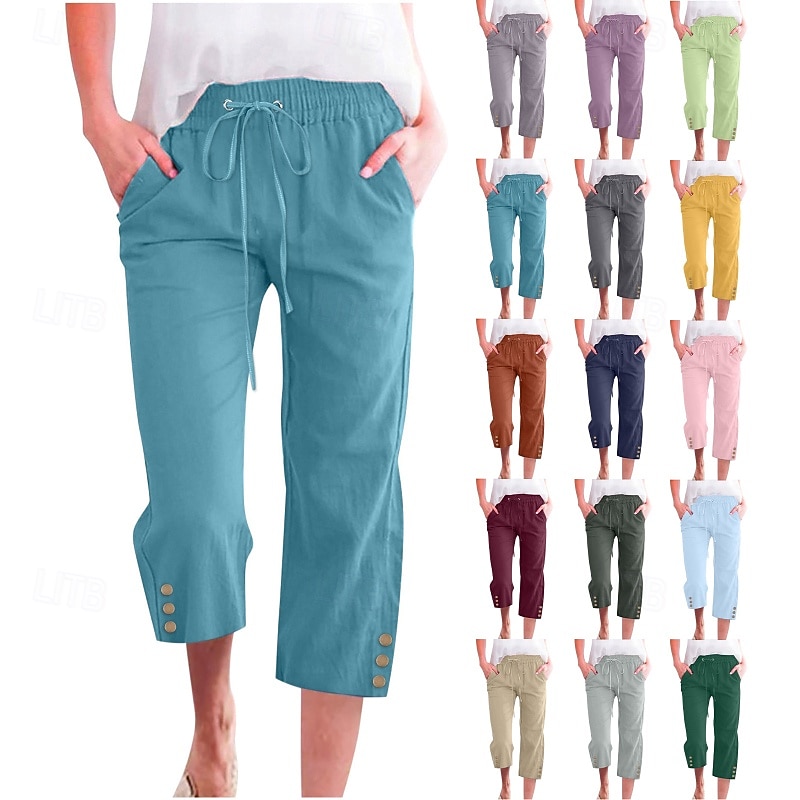 Women's Cotton Linen Pants Capri Pants Slacks Fashion Streetwear Calf-Length Natural Plain Pocket Elastic Drawstring Design Comfy Outdoor Comfortable Street Going out claret Navy River Blue Light Sky