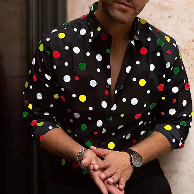 Men's Shirt Summer Shirt Casual Shirt Beach Shirt Button Up Shirt Black Navy Blue Orange Green Long Sleeve Polka Dot Band Collar Vacation Hawaiian Print Clothing Apparel Polyester Fashion Casual